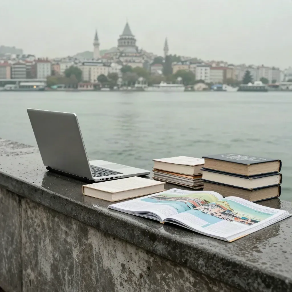 Yağmur sonrası İstanbul silüeti, arşiv kutuları ve kapalı laptopla sakin bir hero sahnesi.