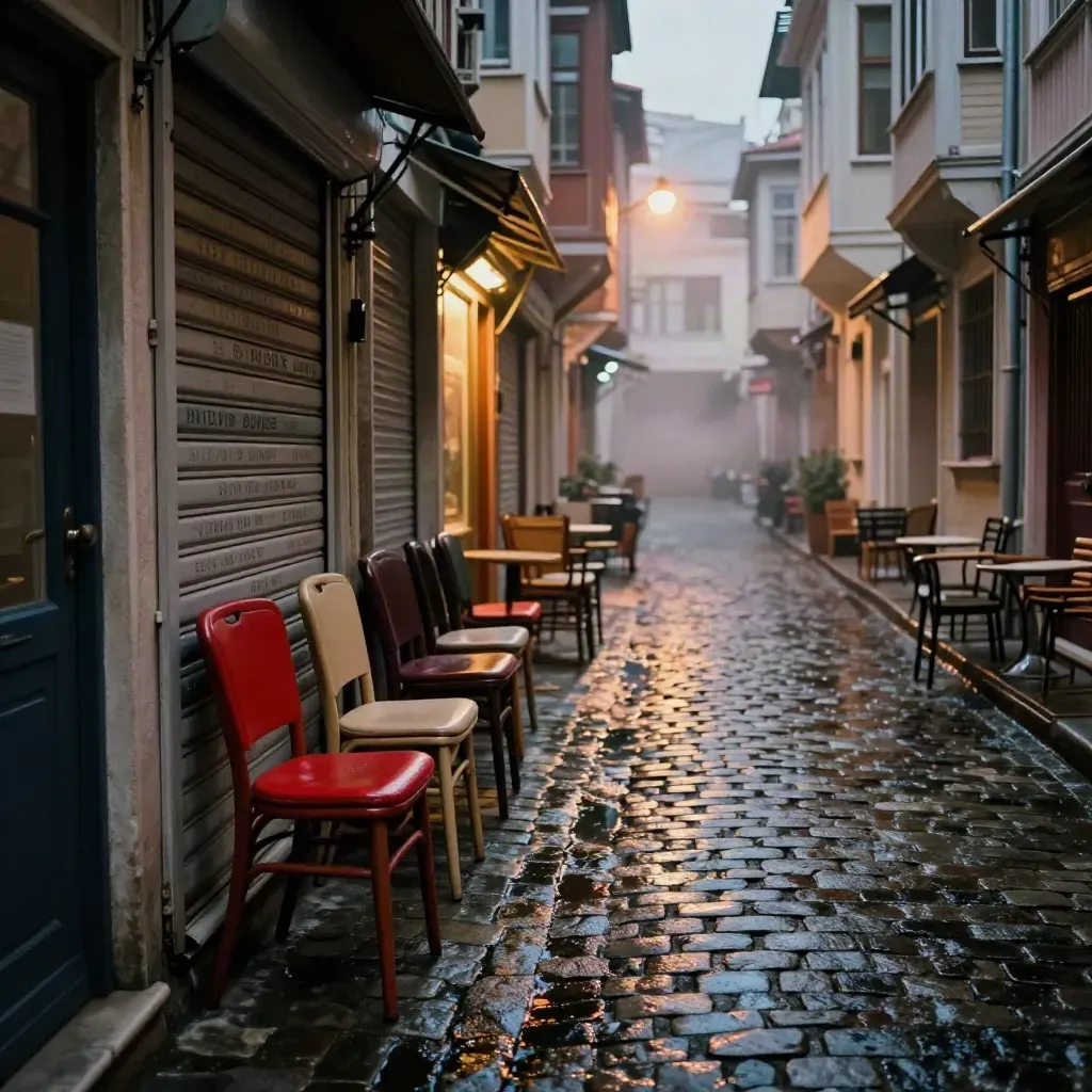Kadıköy’de ıslak sokak, üst üste sandalyeler ve kapanan mekân kapıları, gece atmosferi.