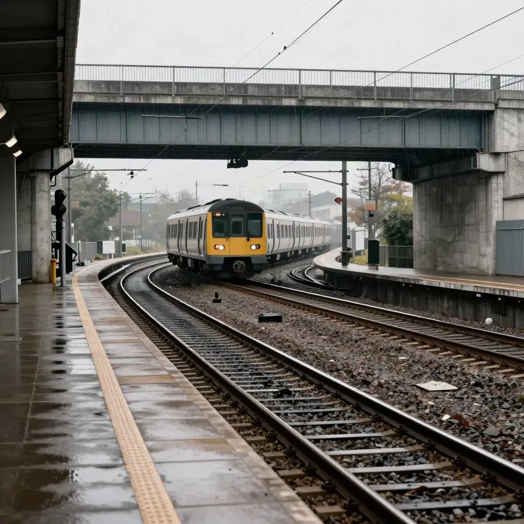 Yağmurlu üst geçit altında ayrılan raylar, kırmızı sinyalle kayan tren geçişi.